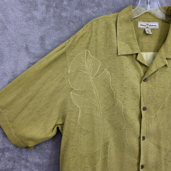 Tommy Bahama Loop Collar Silk Shirt L Yellow Green Tropical Textured Leaf Print - Picture 4 of 10